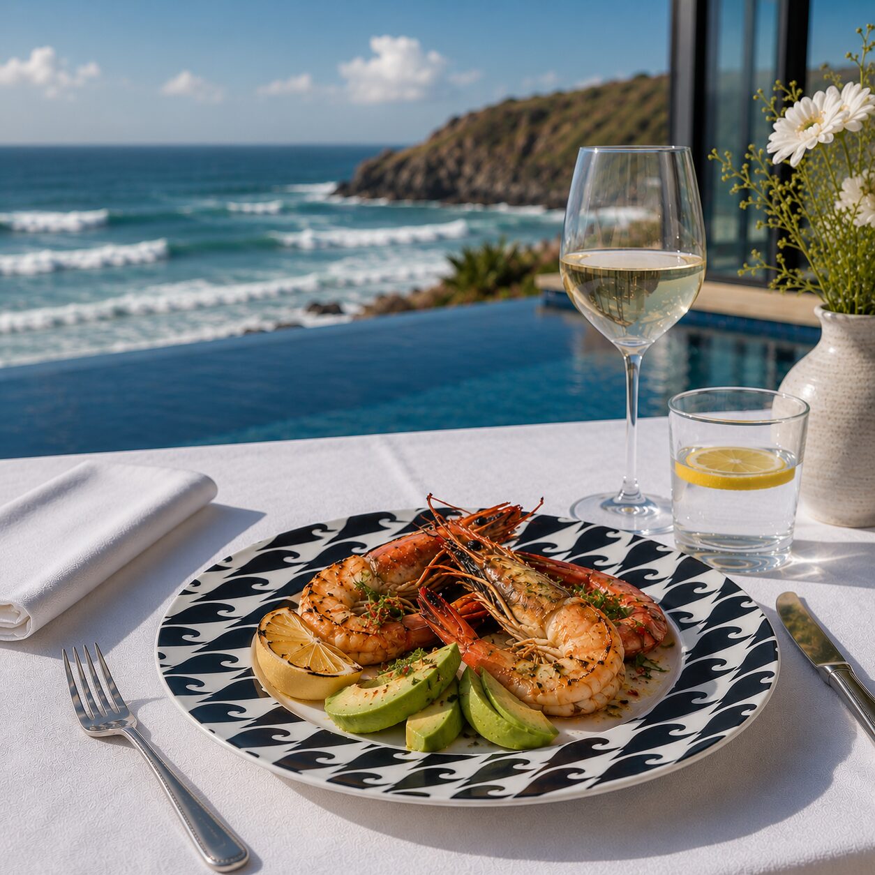 Storm black fine bone china wave plate, styled as a clifftop dinning experience overlooking the sea in Cornwall with early evening sun and pool