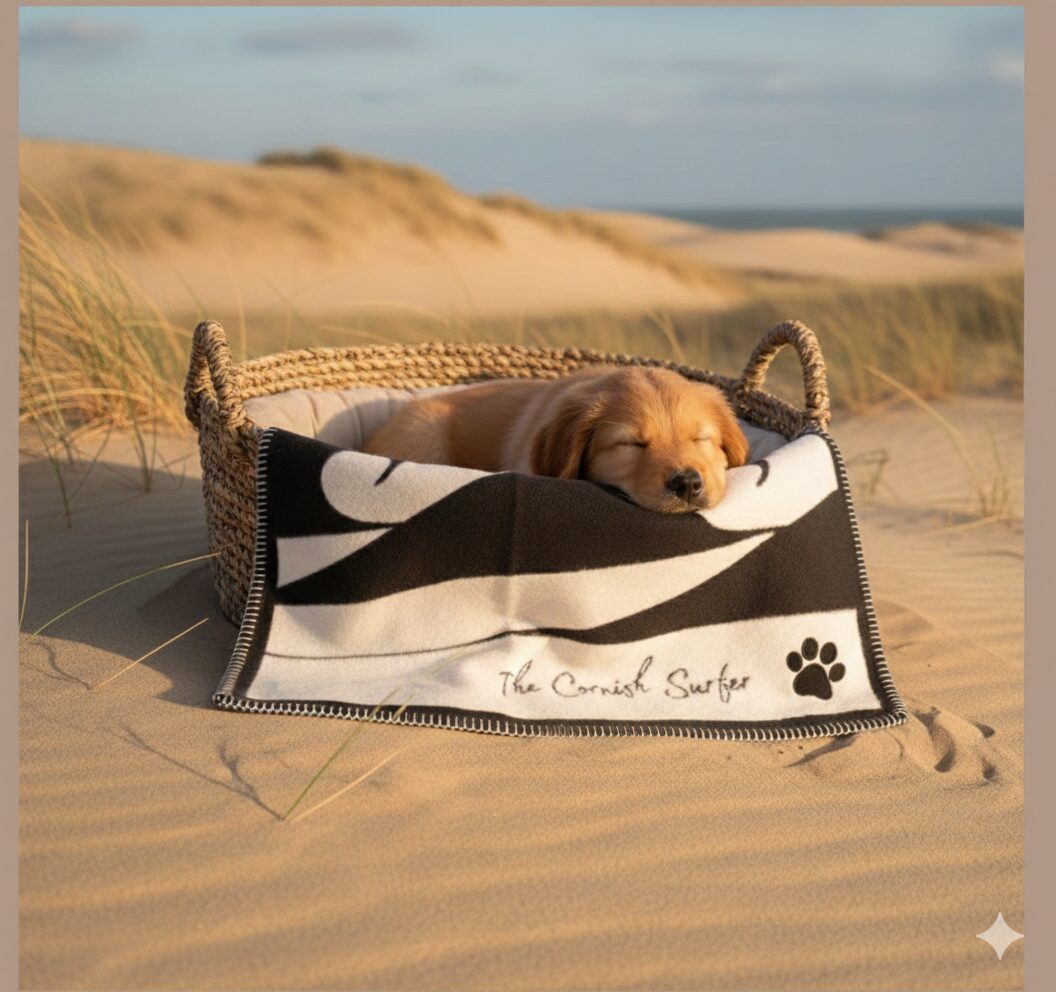 British-made Cornish Surfer pet blanket crafted from a brushed recycled cotton blend, designed to keep dogs warm, comfortable and cosy.