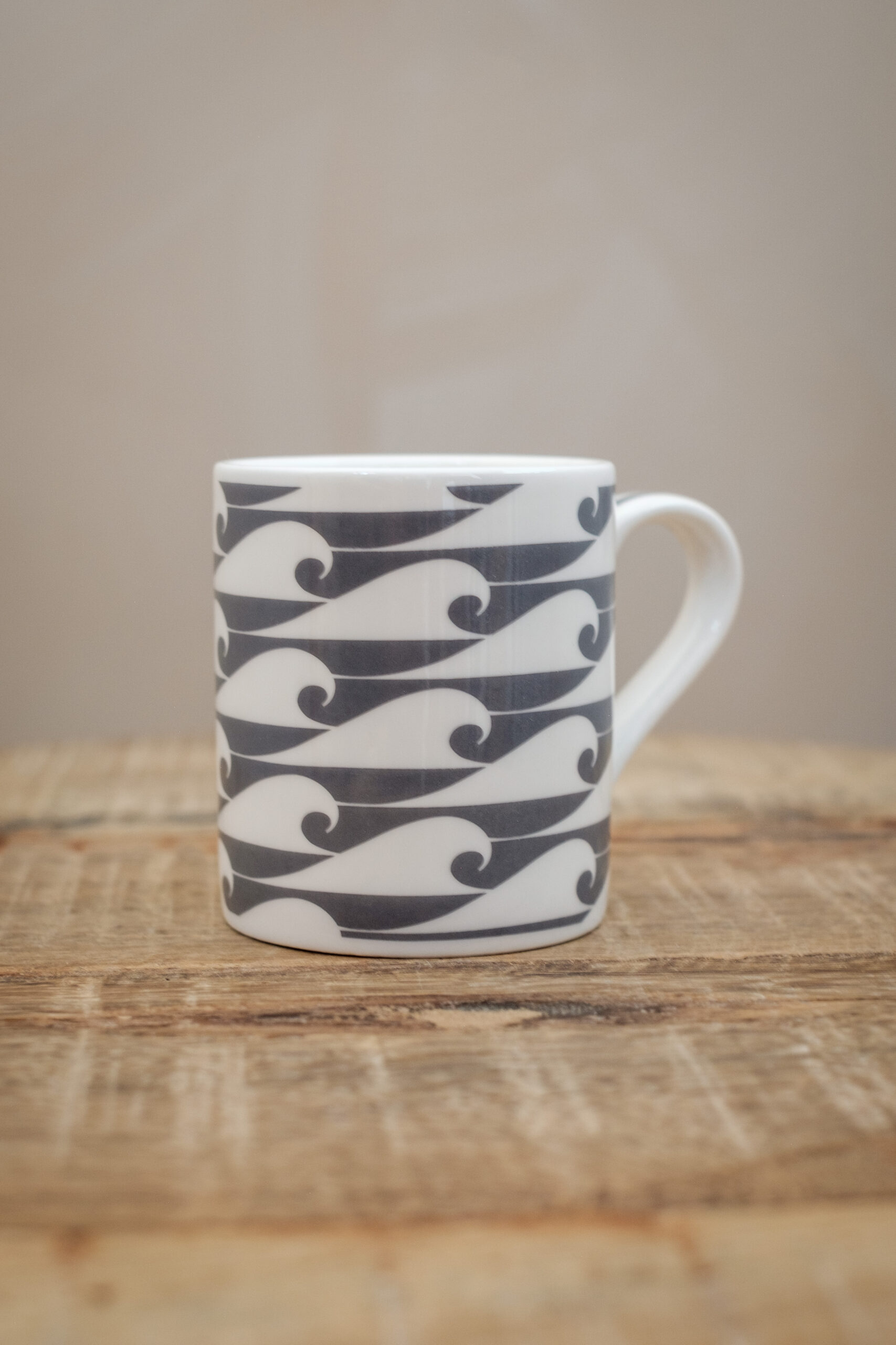 The Cornish Surfer espresso cup “The Shorty” with campervan Silver Surf Grey design, made in Cornwall.