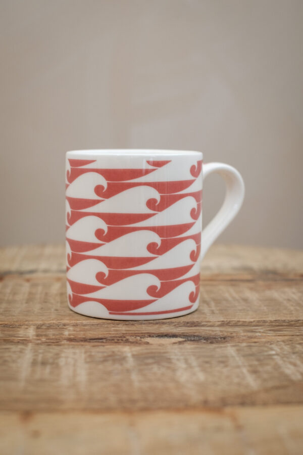 The Cornish Surfer espresso cup “The Shorty” with campervan Wild Salmon Pink design, made in Cornwall.