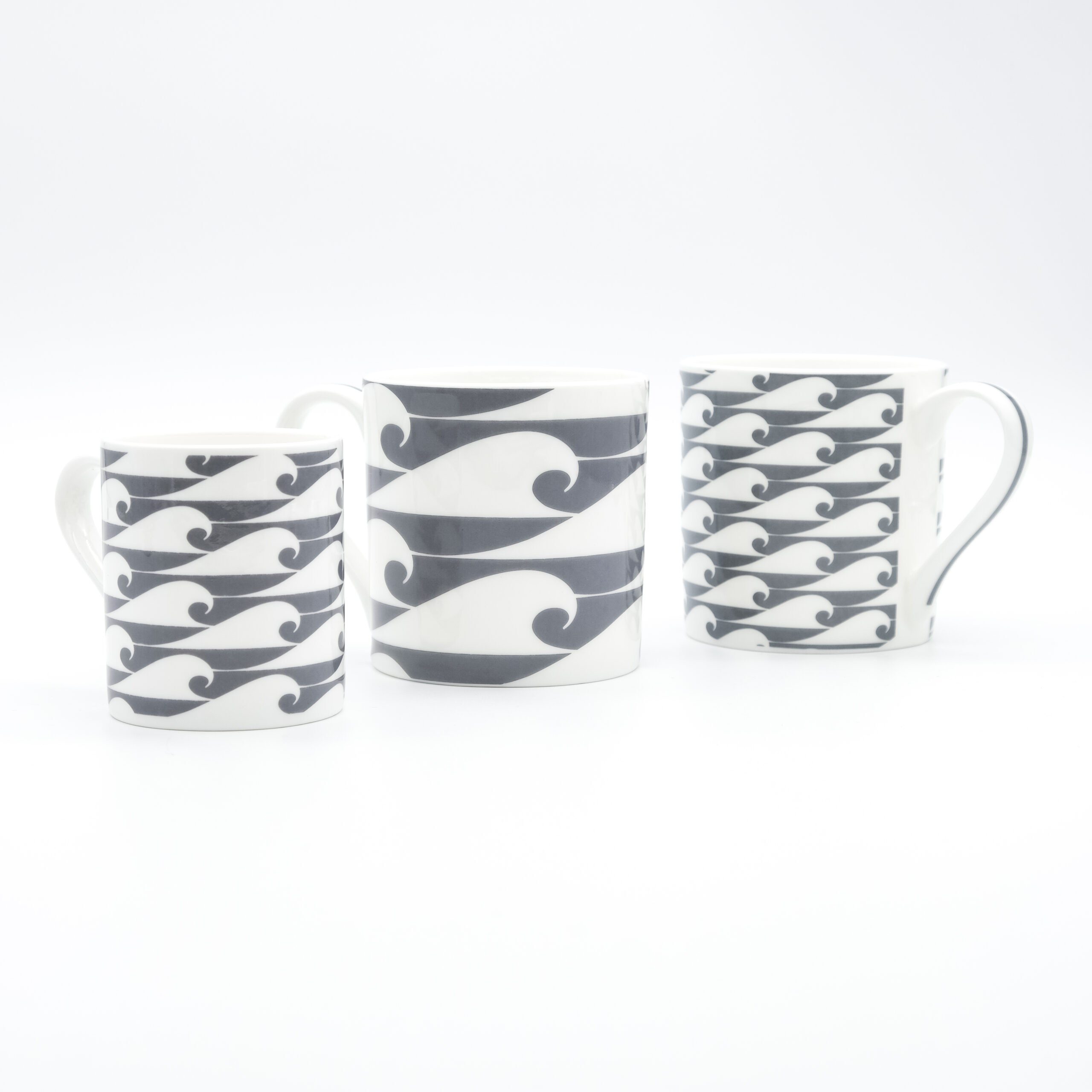 Unique 3-piece Silver Surf Grey fine bone china mug gift set, including Big Wave, Small Wave, and Shorty Espresso Cup