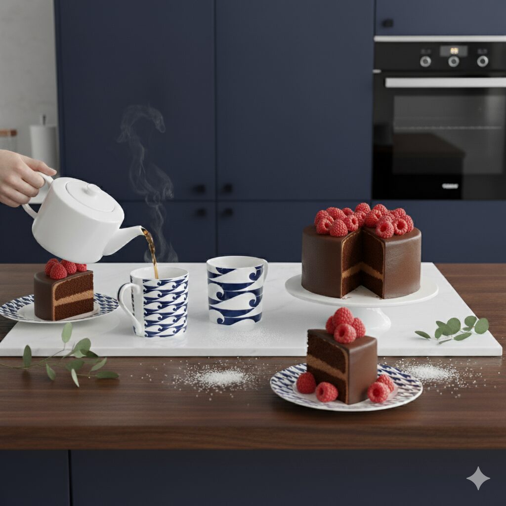 Close-up of Small Wave mug and cake plate from Nautical Blue bone china gift set