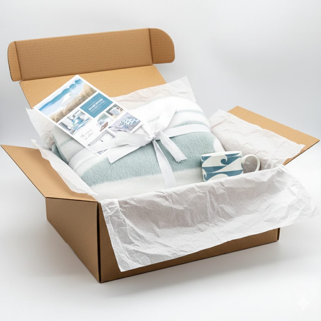 Coastal Theme Premium Gift Box with Blue Wave Mug and fluff poncho