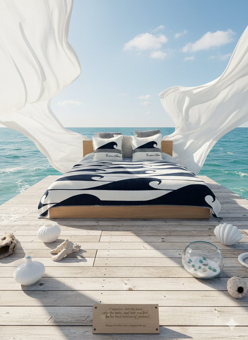 Reversible cushion and jacquard woven blanket styled on wooden decking overlooking the ocean
