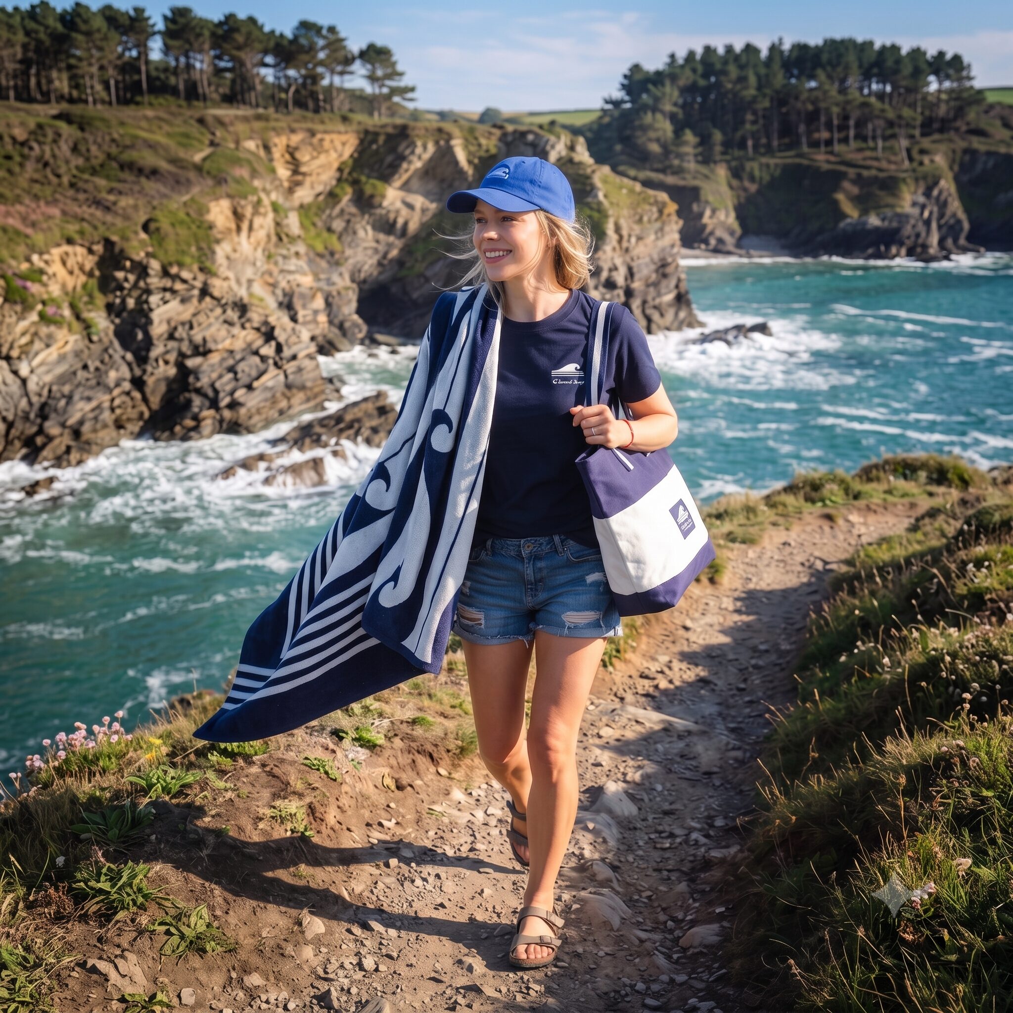 The Cornish Surfer Coastal Graduation Gift Set for Her with luxury beach towel, t-shirt, and embroidered marine cap